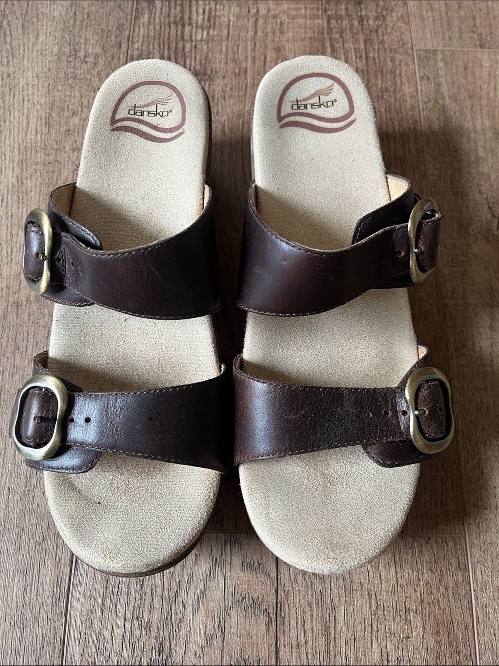 Dansko woman’s Dark Brown Double Buckle Slide Sandals